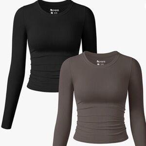 OQQ Womens 2 Piece Shirts Long Sleeve Crew Neck Ruched Stretch Basic Fitted Tee